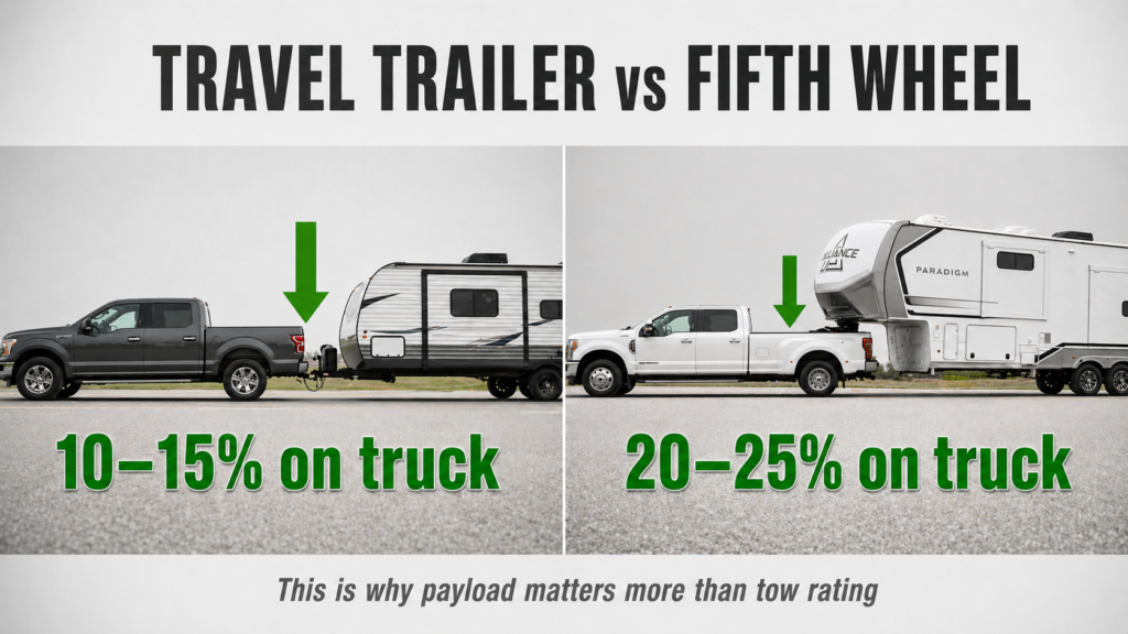Travel trailer vs fifth wheel weight on truck showing 10-15% vs 20-25% payload distribution