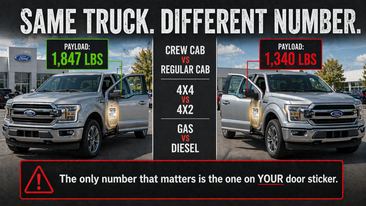 Two identical trucks showing different payload ratings based on configuration