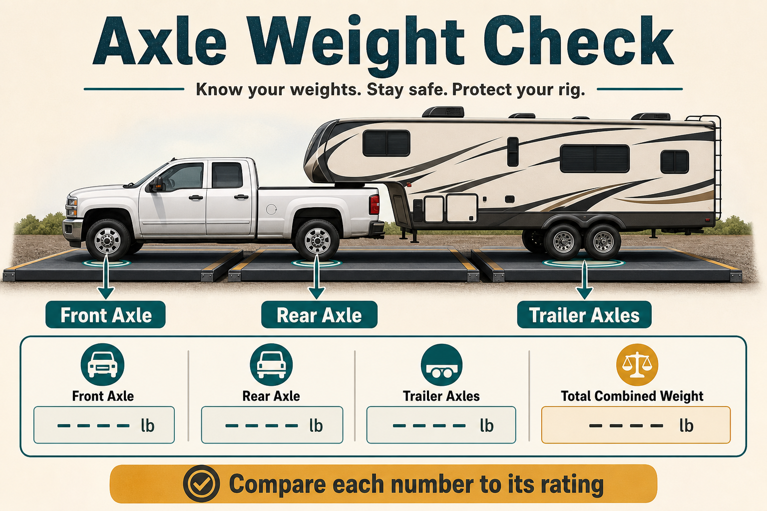 Axle weight graphic showing a truck and fifth wheel on scale platforms with front axle, rear axle, trailer axle, and total combined weight checks.
