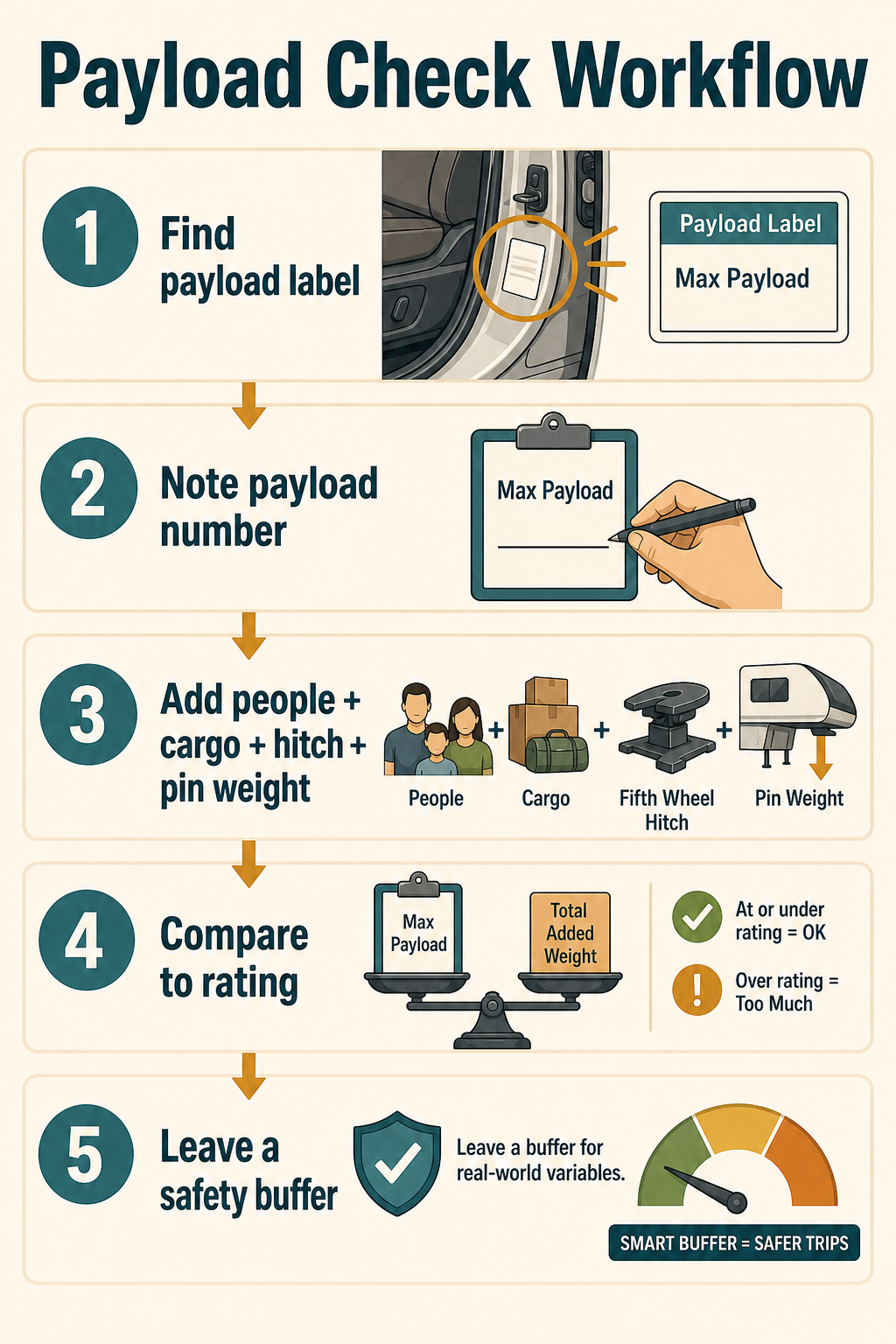 Five-step payload check workflow showing a generic payload label, added people, cargo, hitch, pin weight, rating comparison, and safety buffer.