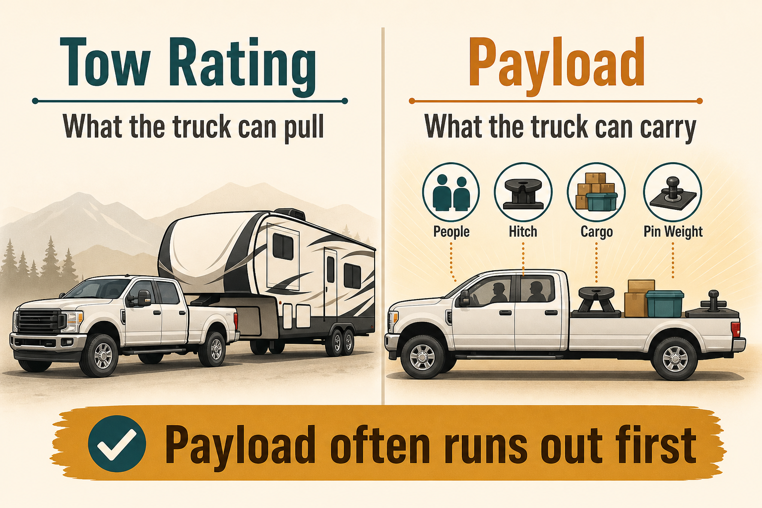 Educational graphic comparing tow rating as what the truck can pull and payload as what the truck can carry.