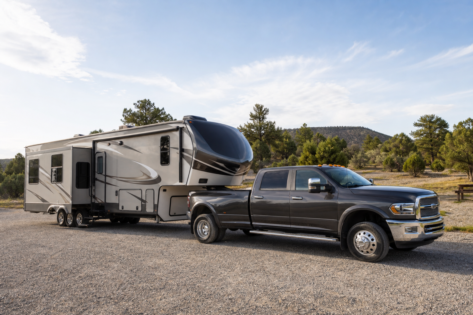 Dually pickup truck hitched to a large fifth wheel RV in an open campground setting.