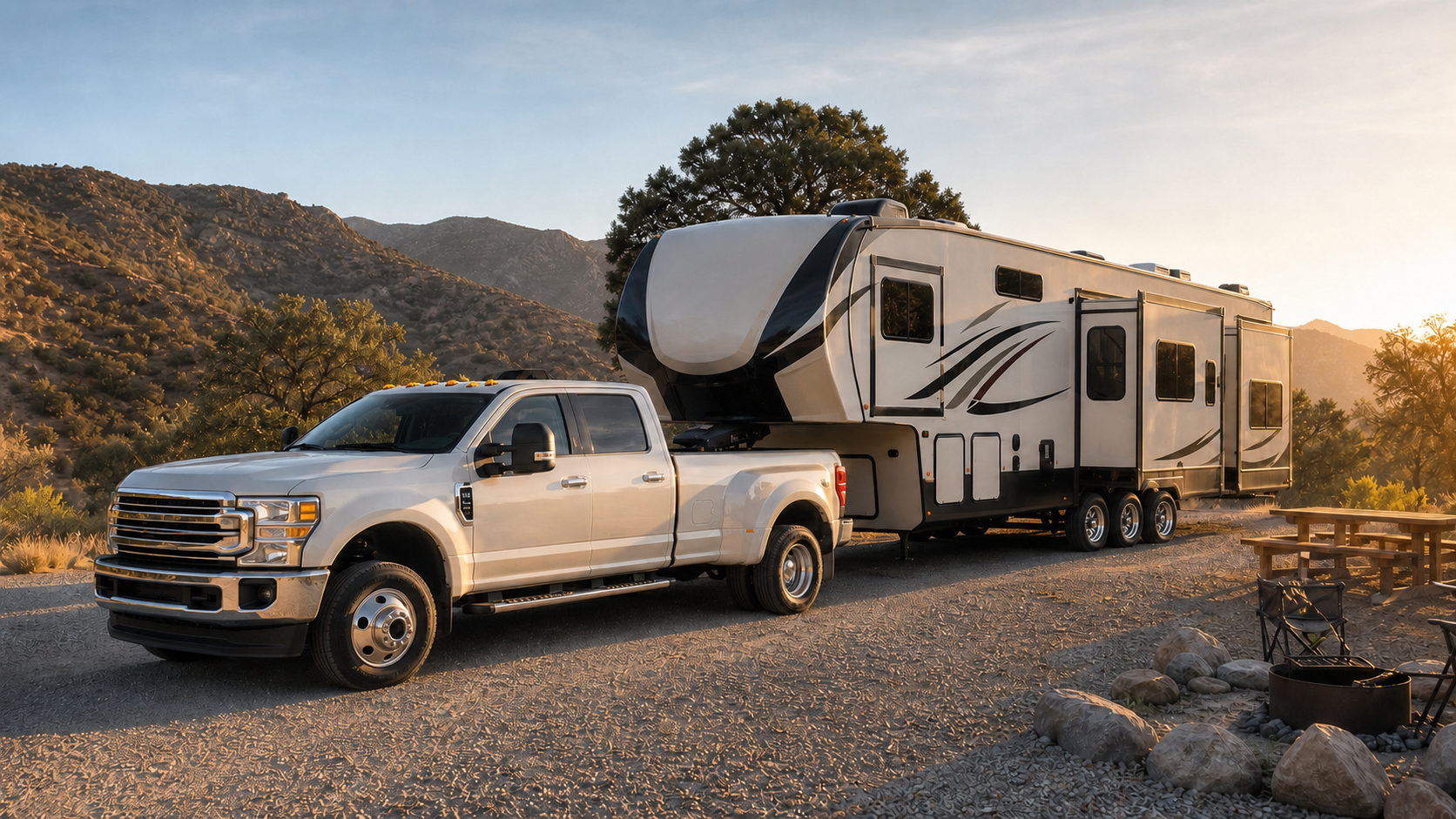 Heavy-duty pickup truck hitched to a large fifth wheel RV at a campsite in warm daylight.