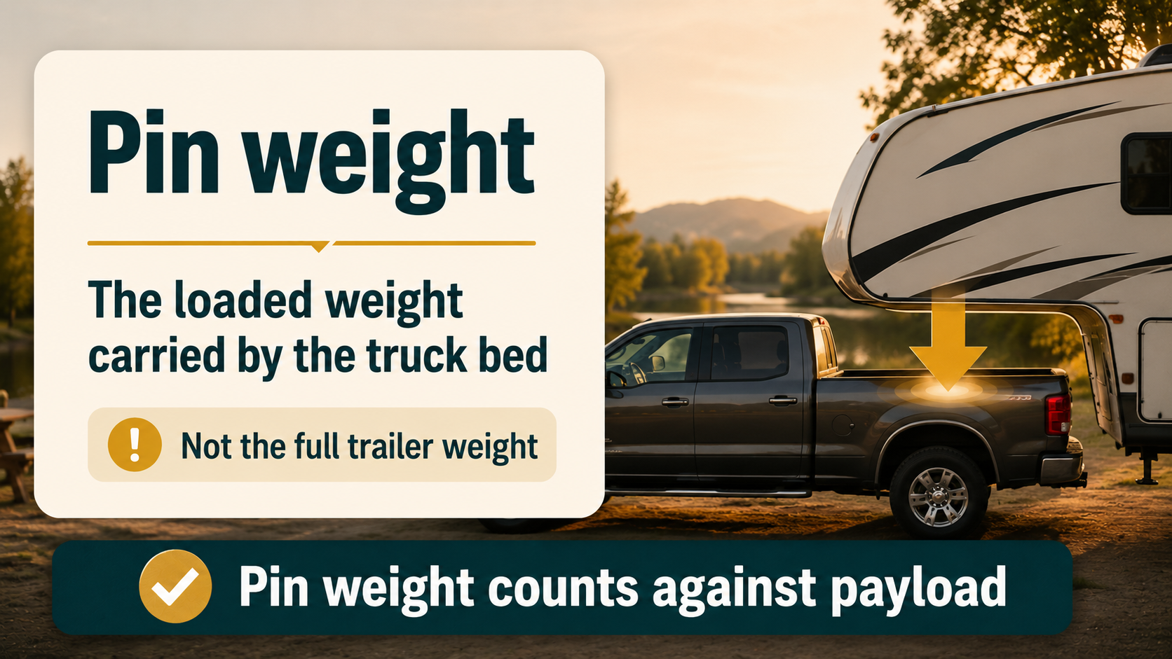 Abstract editorial graphic showing loaded weight pointing down into a truck bed card to explain fifth wheel pin weight.