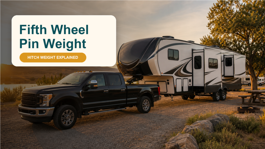 Warm editorial hero image of a heavy-duty pickup hitched to a fifth wheel RV with text reading Fifth Wheel Pin Weight.