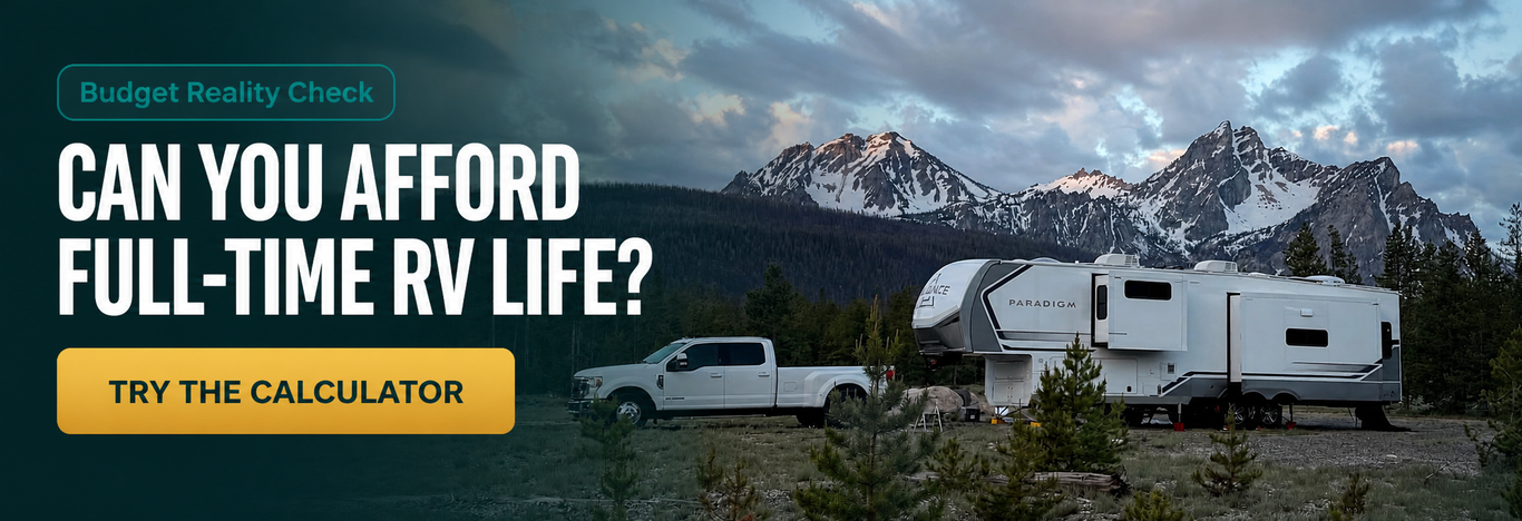 Full-Time RV Budget Calculator banner with LTNT RV campsite photo